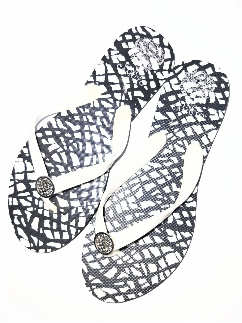 NWOT Vince Camuto Black & White Abstract Flip Flop Thong Sandal Large 8.5-9